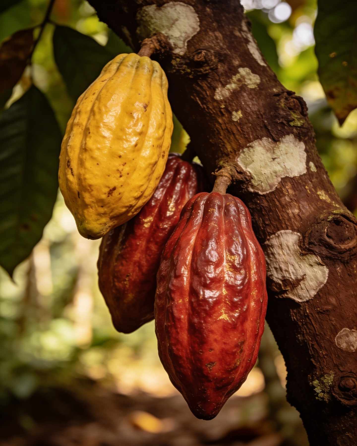 Ripe yellow and red cacao pods hanging on a tree trunk in a shaded rainforest farm.