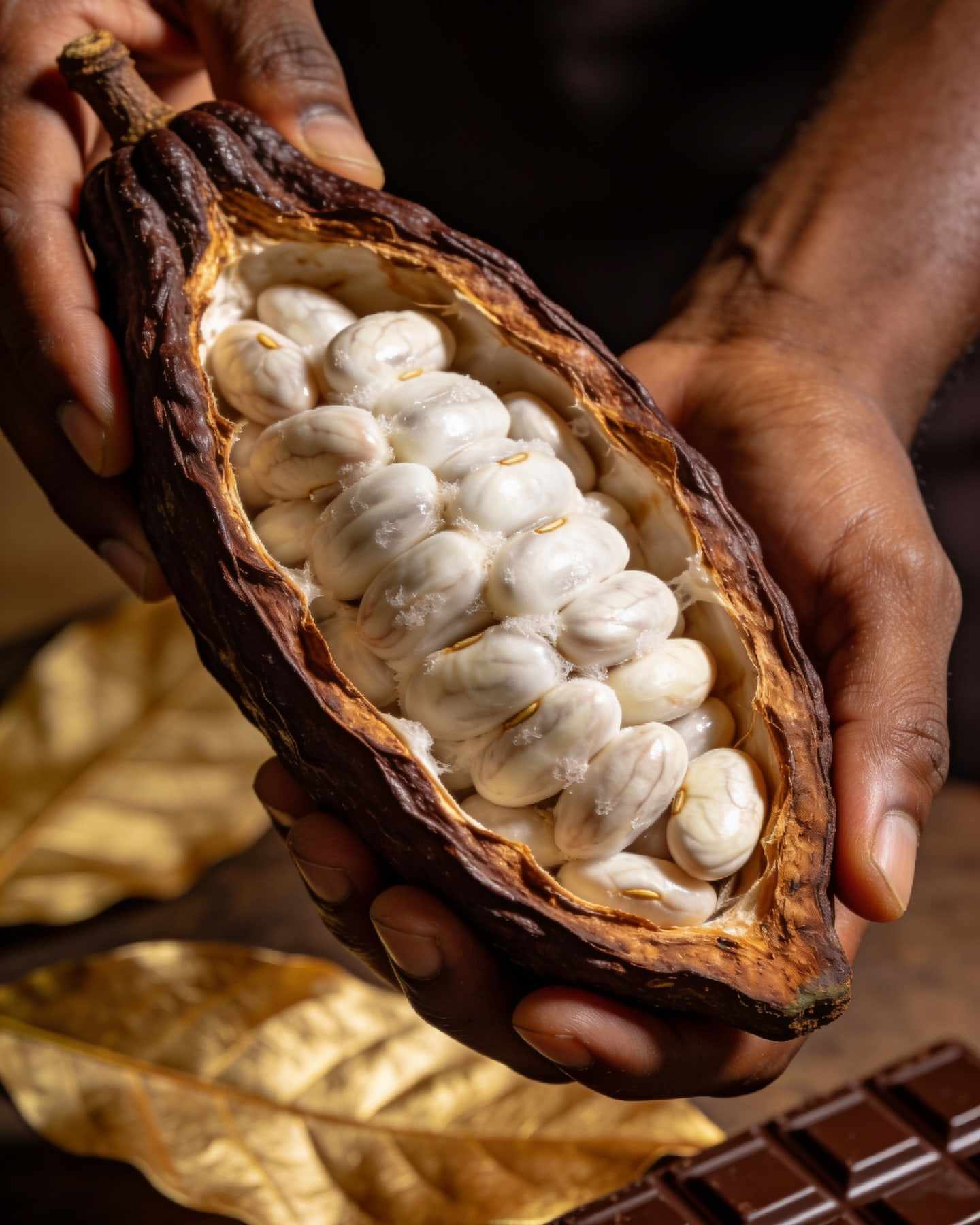 Hands holding freshly opened cacao pods full of white pulp-covered beans.