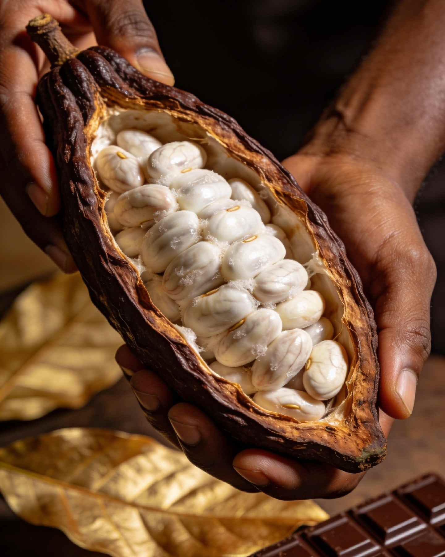 Hands holding freshly opened cacao pods full of white pulp-covered beans.