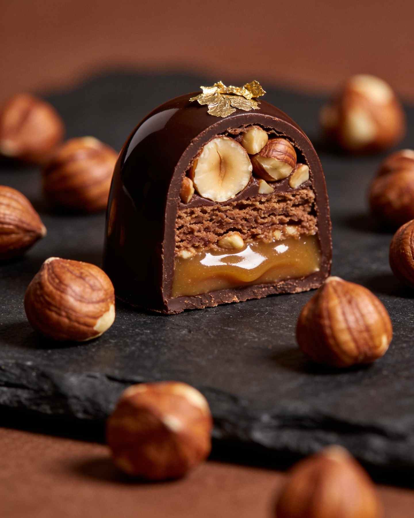 A dark chocolate bonbon halved to show a layered hazelnut praline and caramel centre, toasted hazelnuts on slate.