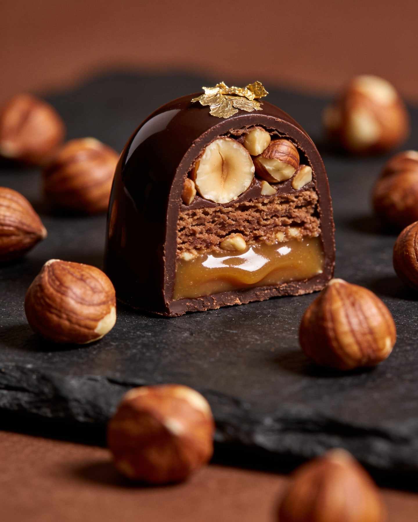 A dark chocolate bonbon halved to show a layered hazelnut praline and caramel centre, toasted hazelnuts on slate.