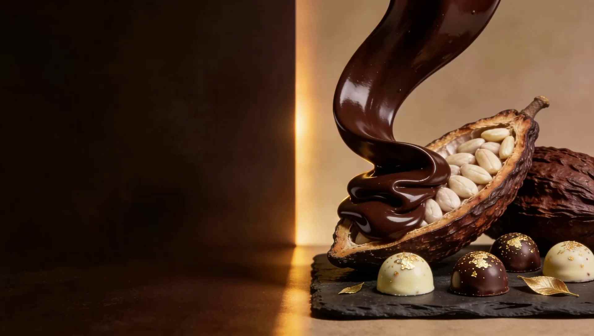 A glossy ribbon of molten dark chocolate folding into a split cacao pod, bonbons with gold leaf on slate.