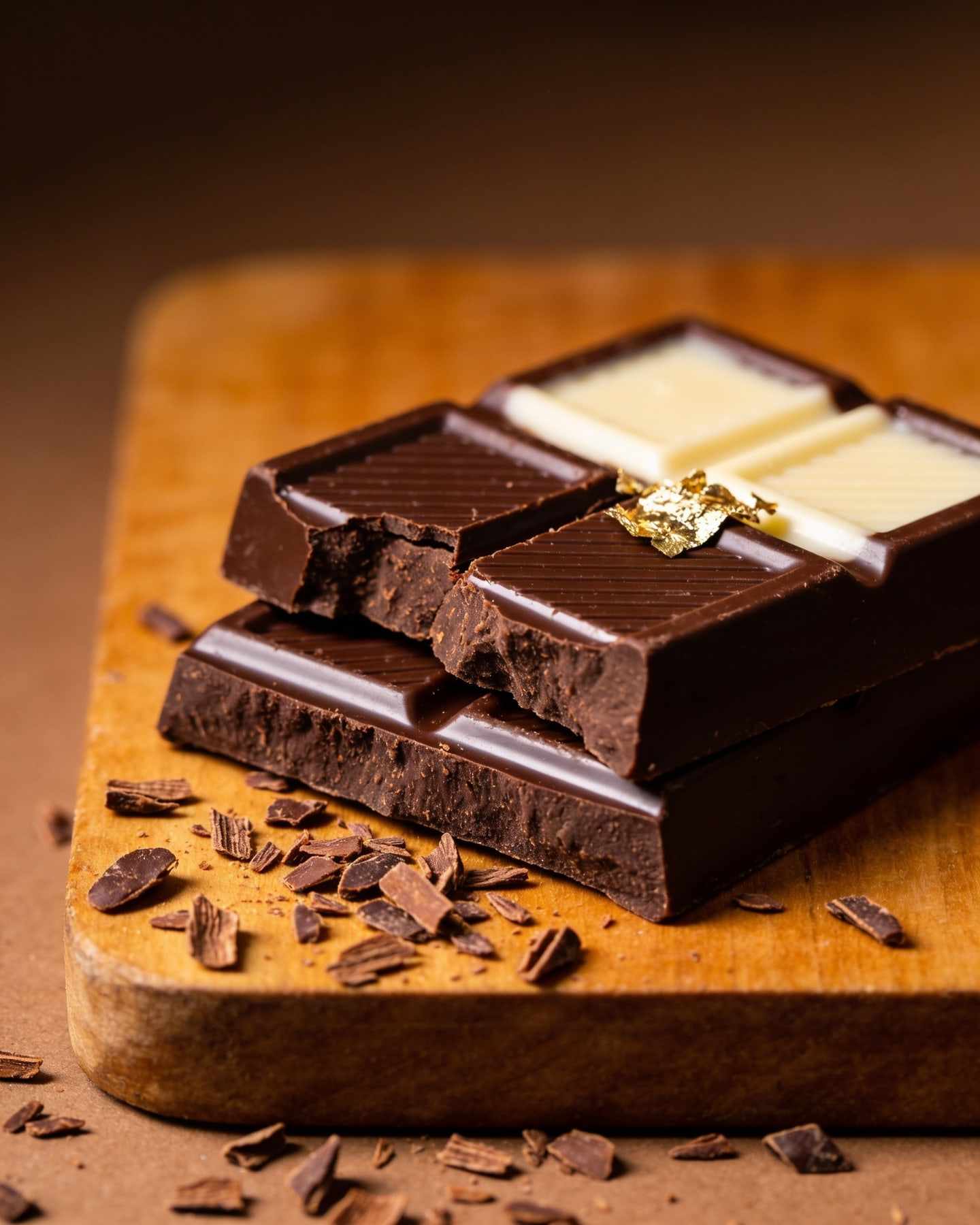 A snapped bar of dark chocolate with a clean glossy break, cacao nibs scattered around on a wooden board.