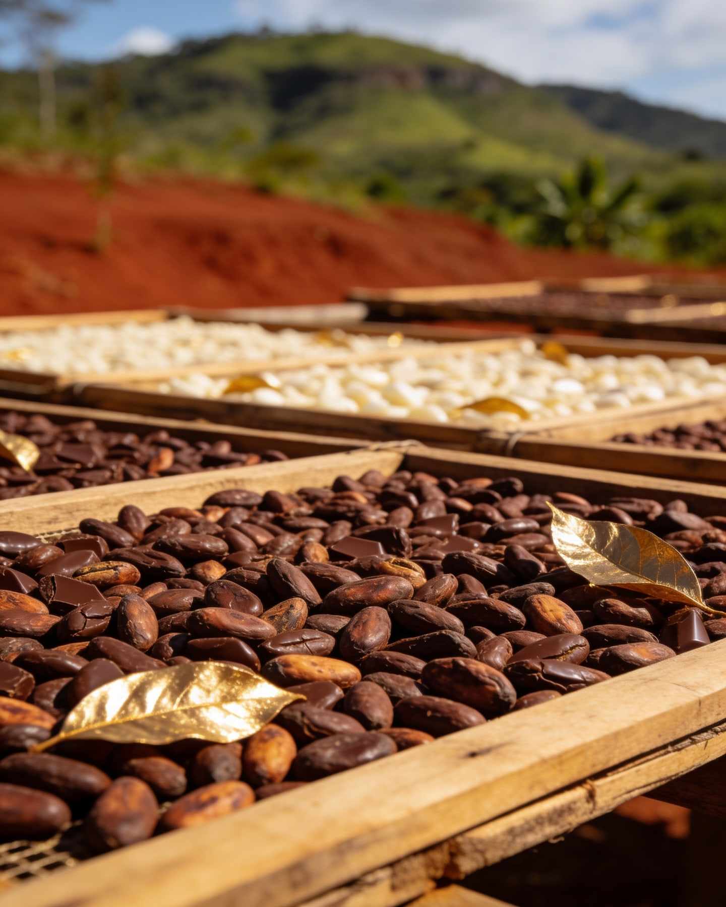 Cacao beans drying on raised wooden racks under the sun, red earth and green hills behind.