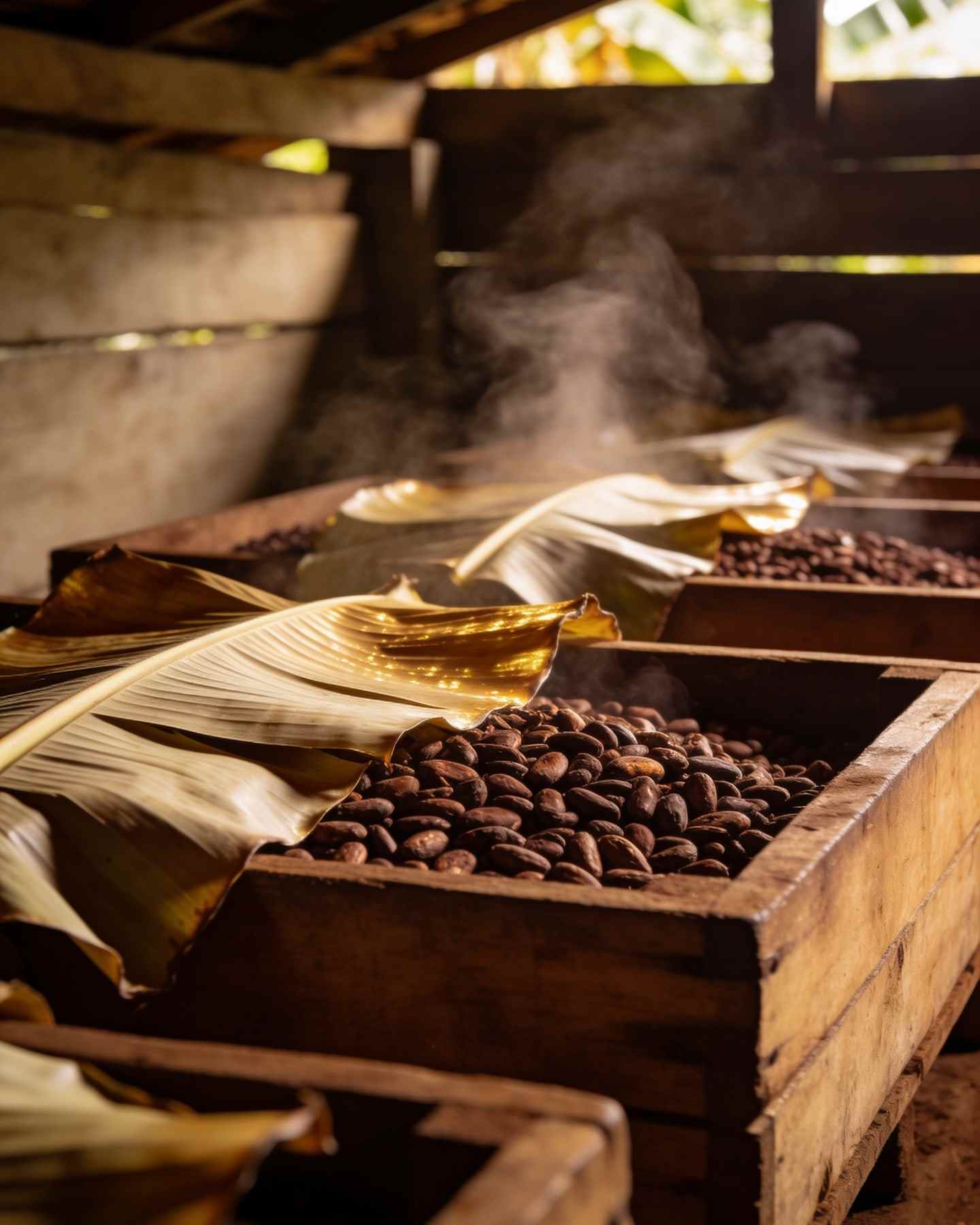 Wooden boxes of fermenting cacao beans under banana leaves in a farm shed.