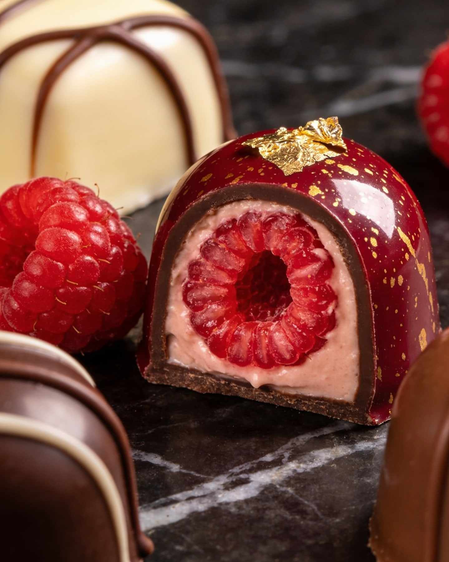 A glossy ruby-red bonbon flecked with gold, halved to show a raspberry ganache, fresh raspberries beside it.