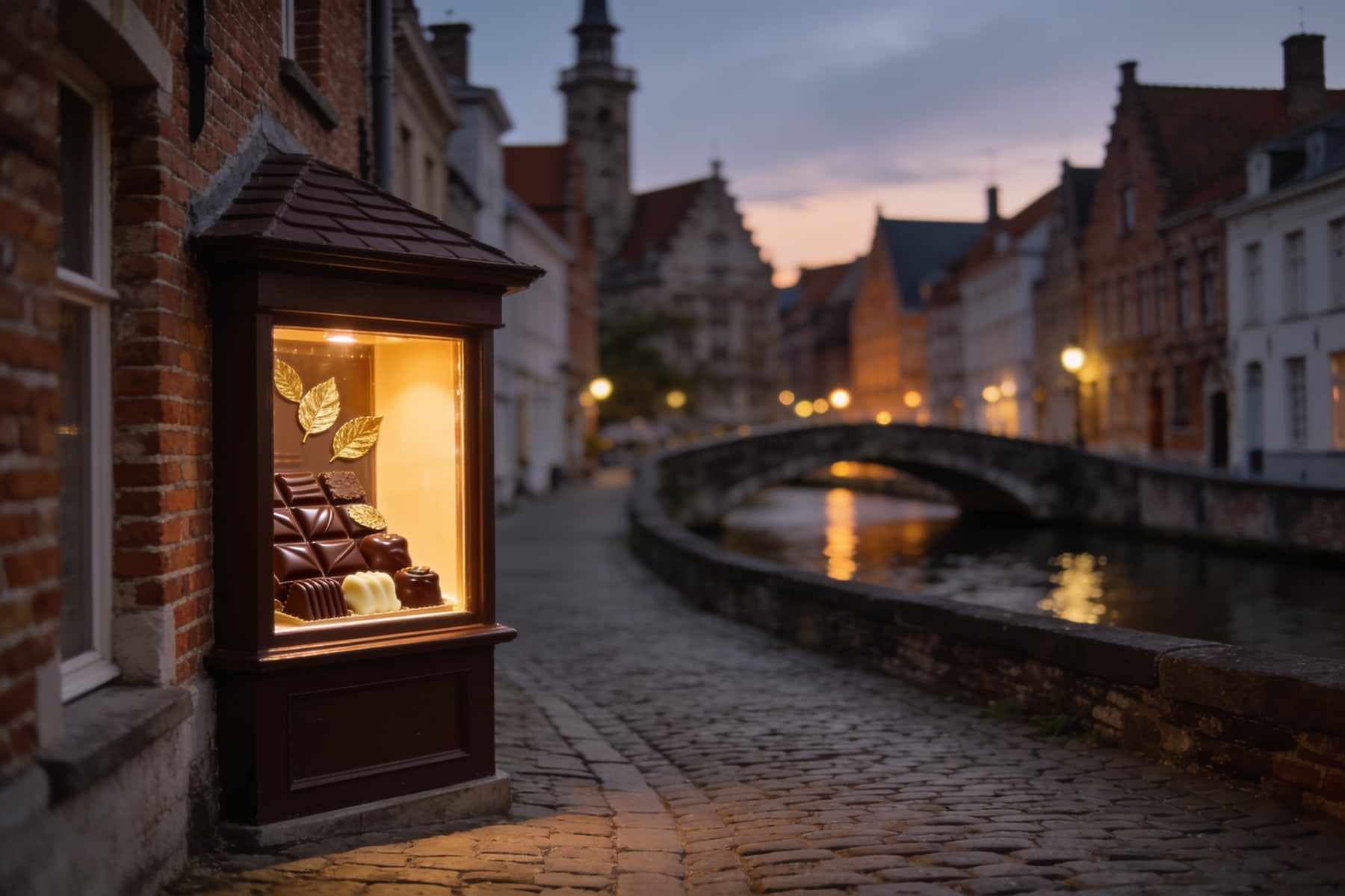 The warm window of a small chocolate shop on a cobbled canal-side street at dusk, a bridge and gabled houses behind.