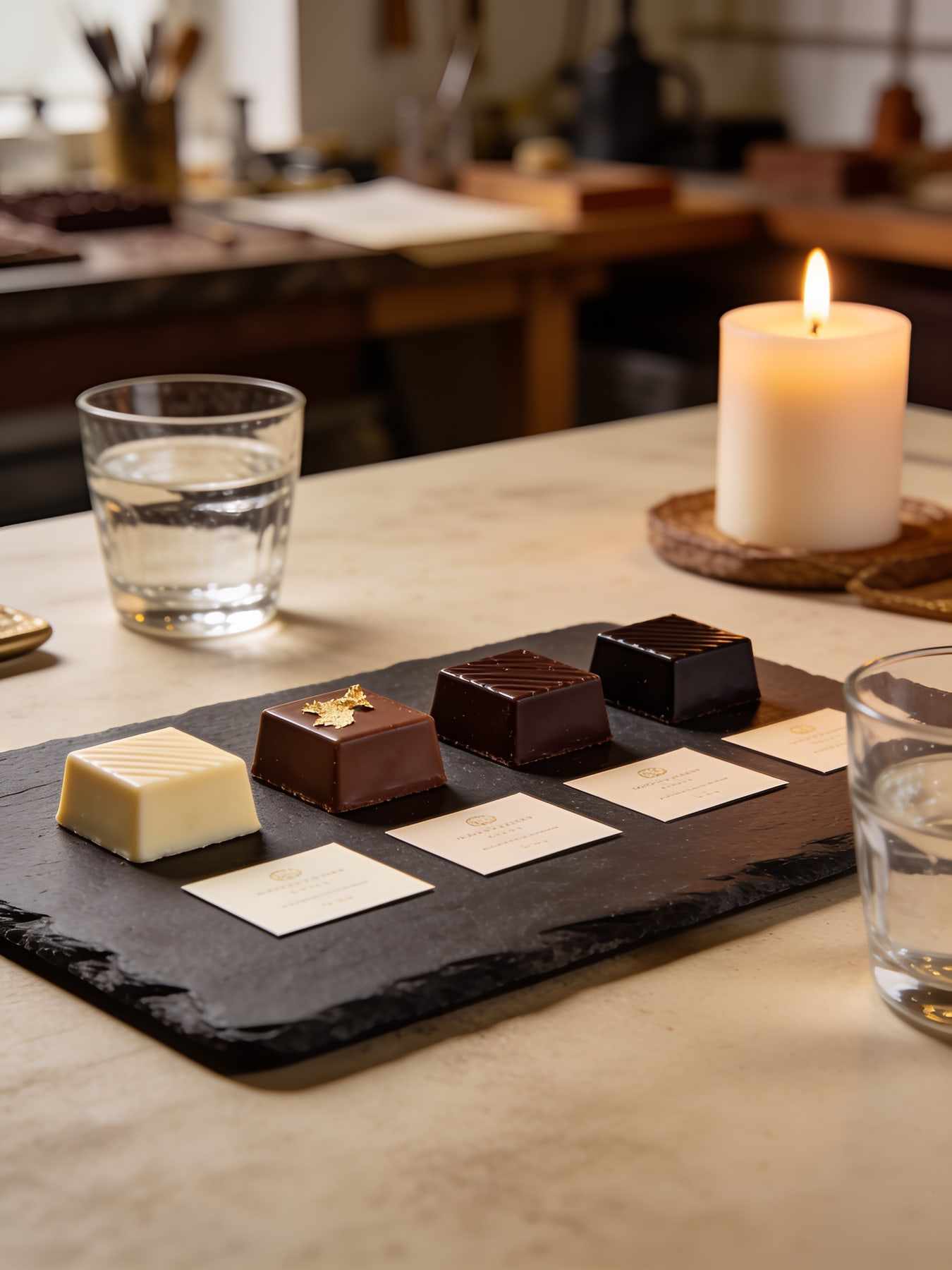 Six squares of chocolate from light to dark on a slate board with small cards and glasses of water.